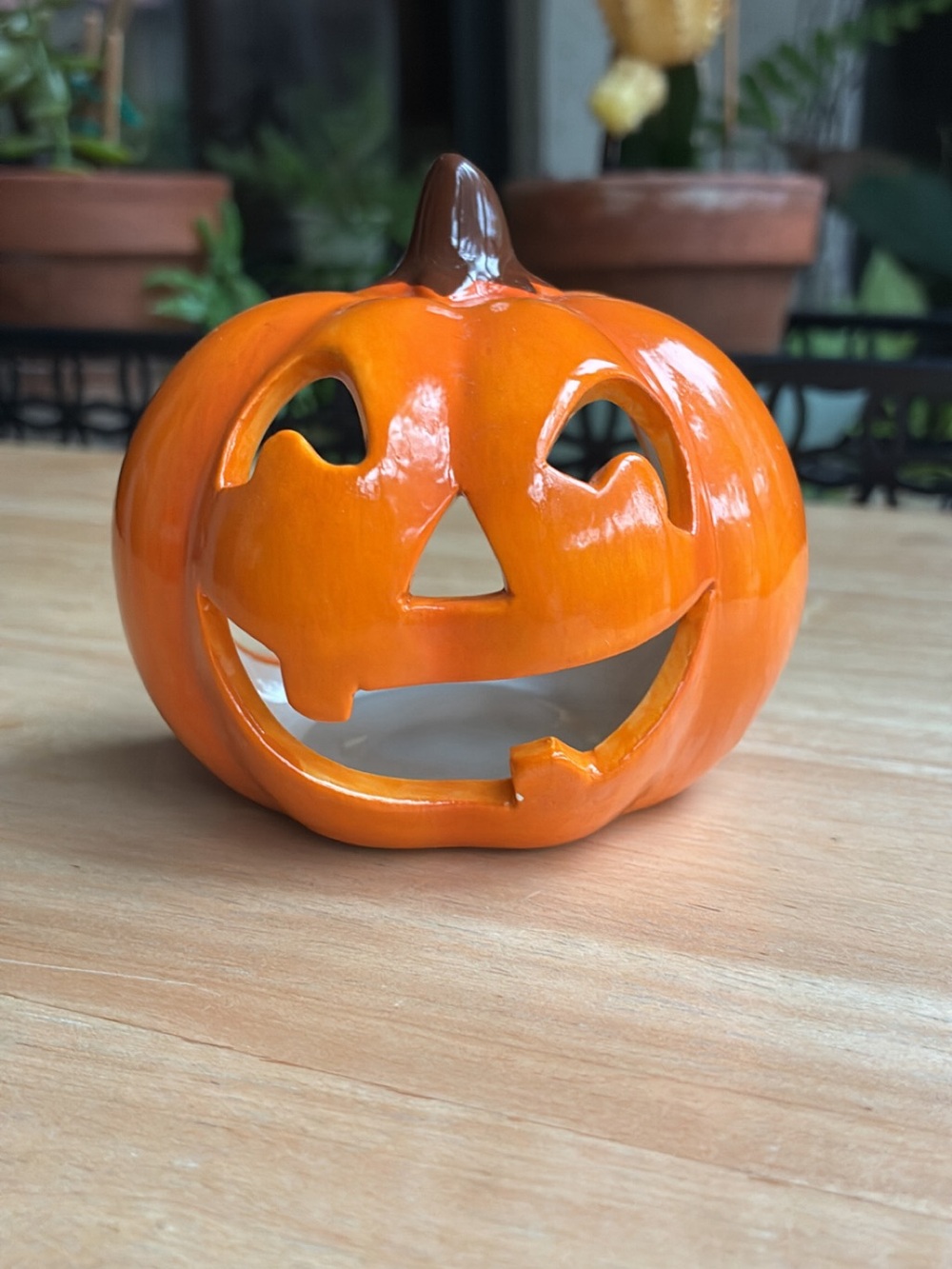 Ceramic Pumpkin Tea Light Candle Holder Halloween/ Autumn Decor Orange Glazed